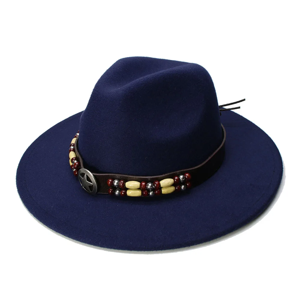 

LUCKYLIANJI Retro Women Men Vintage 100% Wool Wide Brim Cap Fedora Panama Jazz Bowler Hat Star Bead Leather Band (57cm/adjusted)