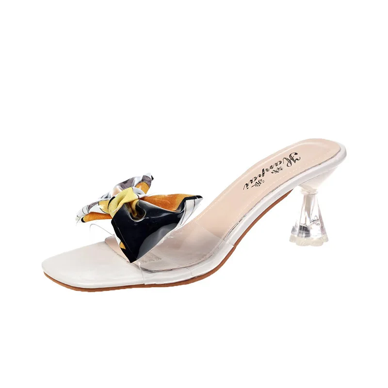 Прозрачная обувь с бантом и прозрачными тапочки квадратным носом Летняя женская