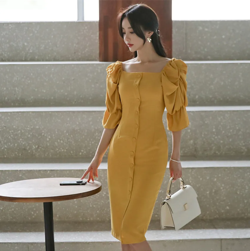 Женское однобортное платье-карандаш HAMALIEL желтое облегающее платье с пышными