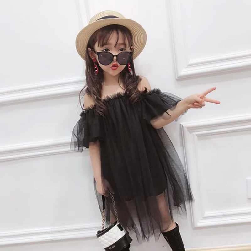 Summer Casual Baby Girls Solid Pattern Off-shoulder Sleeveless Mesh Fairy Dress Cotton Kids Toddler Sundress Super Pretty LT | Детская