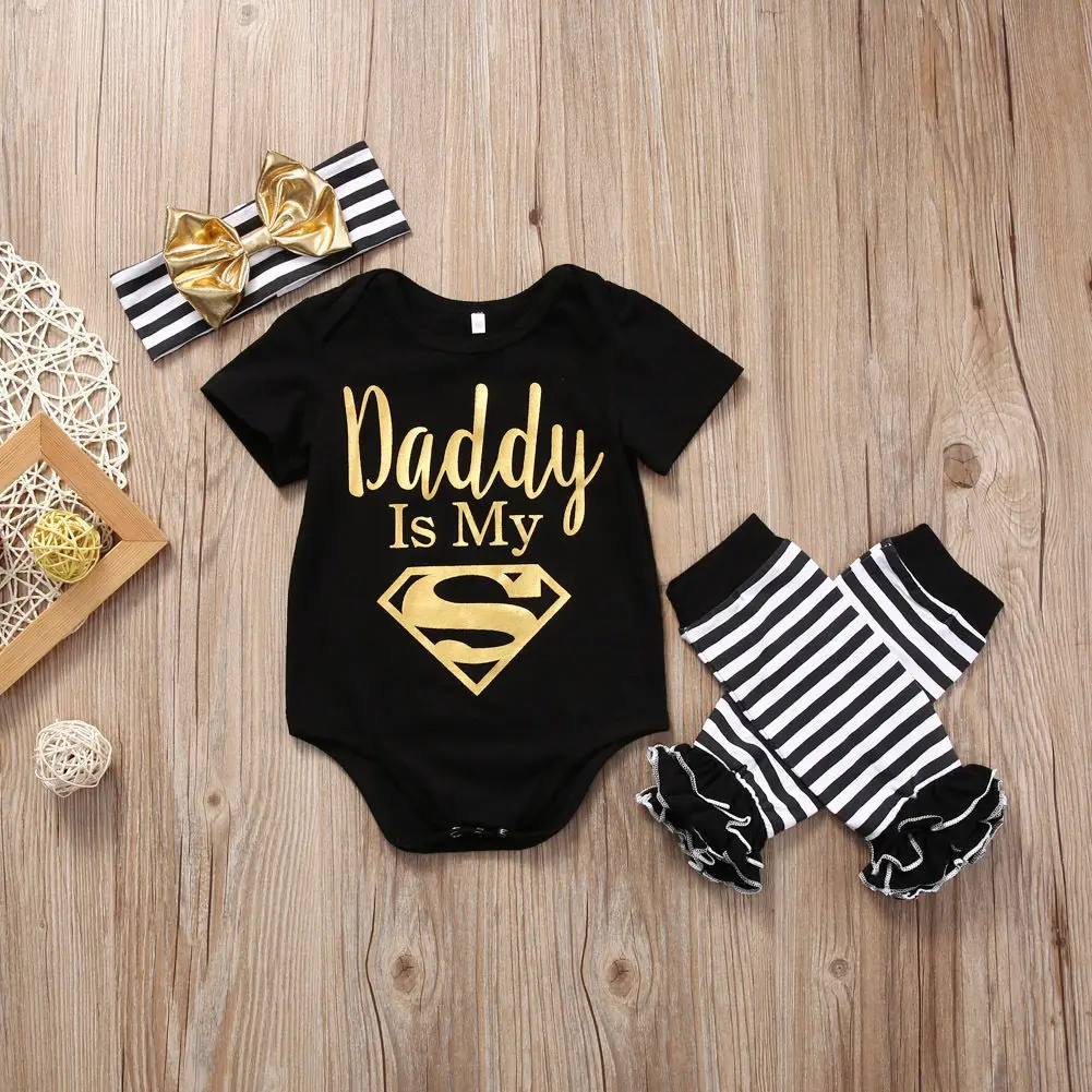 Newborn Baby Boy Girl 3pcs Outfit Clothes Set Short Sleeve Daddy Romper Tops+Striped Leg Warmer Bow Headband Outfits | Детская одежда и