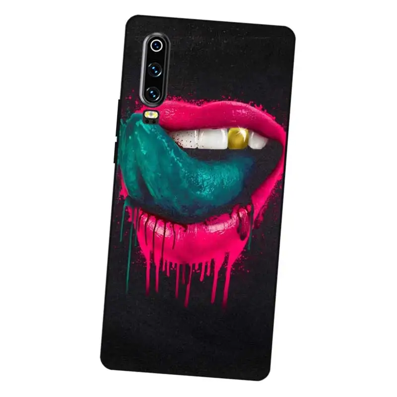 P110 Lips Black Silicone Case Cover For Huawei P8 P9 P10 P20 P30 Lite Pro P Smart Plus 2017 2019 |