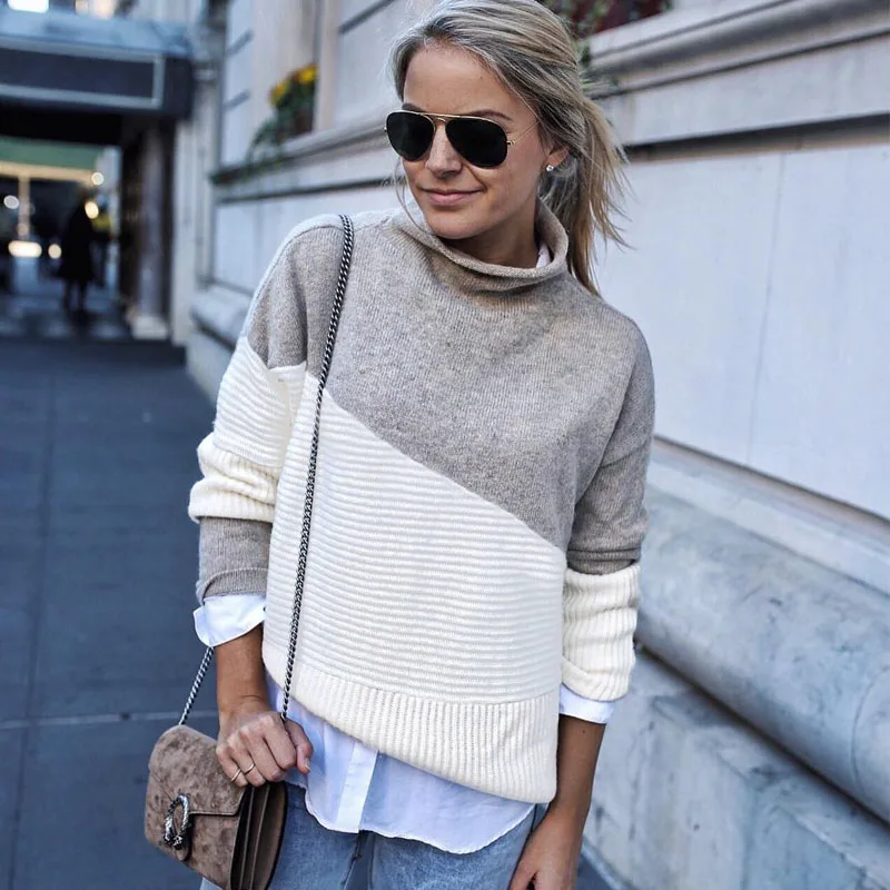 2018 Модные свитеры для женщин осень зима Лоскутная свитер и пуловер Водолазка с