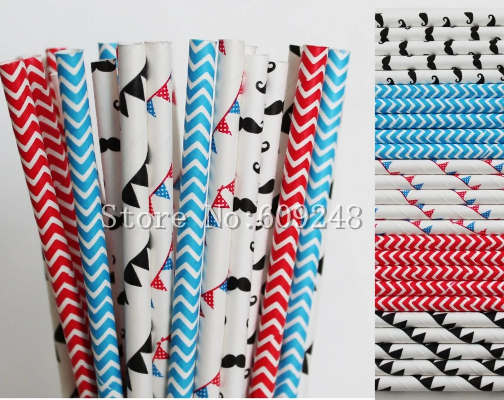 

125pcs Drinking Party Paper Straws Mix,Blue and Red Chevron,Black Mustache and Pennant Banner,Blue Red Bunting,Kids Retro Straws