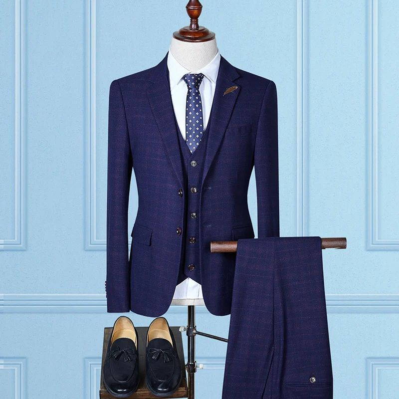 (Куртка + жилет брюки) осень 2017 модный Повседневный шерстяной мужской костюм в