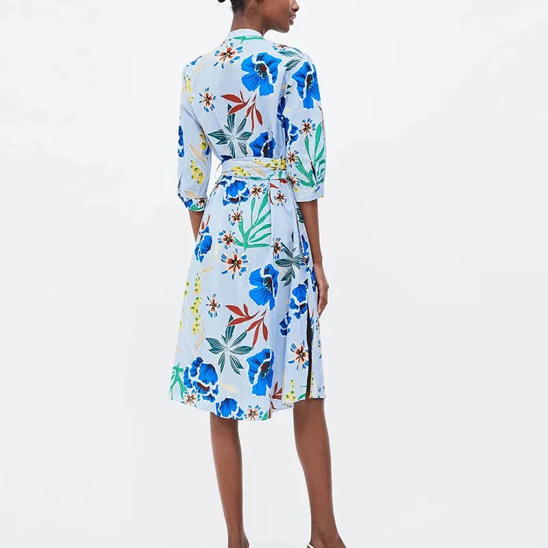 JuneLove 2020 summer cotton ladies casual floral striped print a line dress sashes turn down collar vestidos | Женская одежда