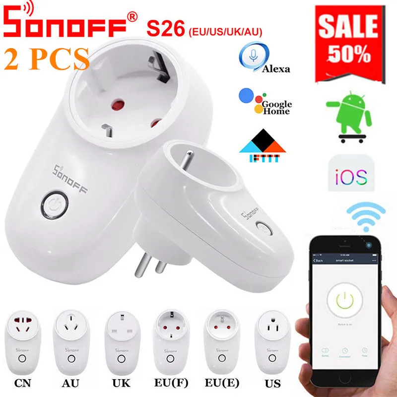 Sonoff S26 Wi-Fi умная розетка США/Великобритания/ЕС Беспроводная штепсельная вилка розетки умный дом переключатель работает с Alexa Google Assistant IFTTT
