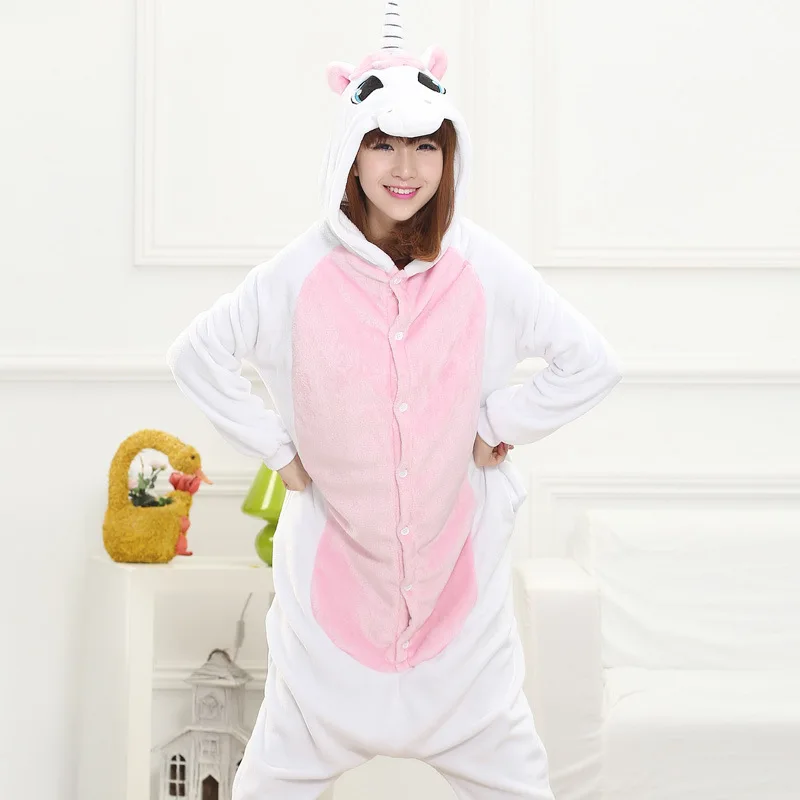 Взрослый Шерсти Животных комбинезоны Пижамы Костюм Косплей Onesie Единорог Розовый