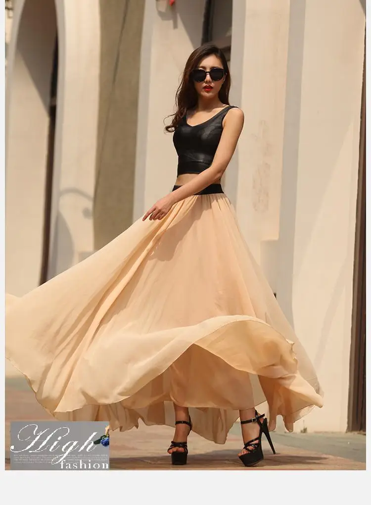 

Customize 3XS-8XL Women Summer Chiffon Floor Length Big Hem Solid Beach Skirt Ladies Fresh Casual shin elastic waistband Skirts