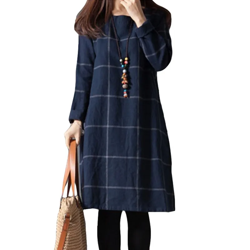 Летнее винтажное льняное платье 2019 плюс размер женское клетчатое свободное миди