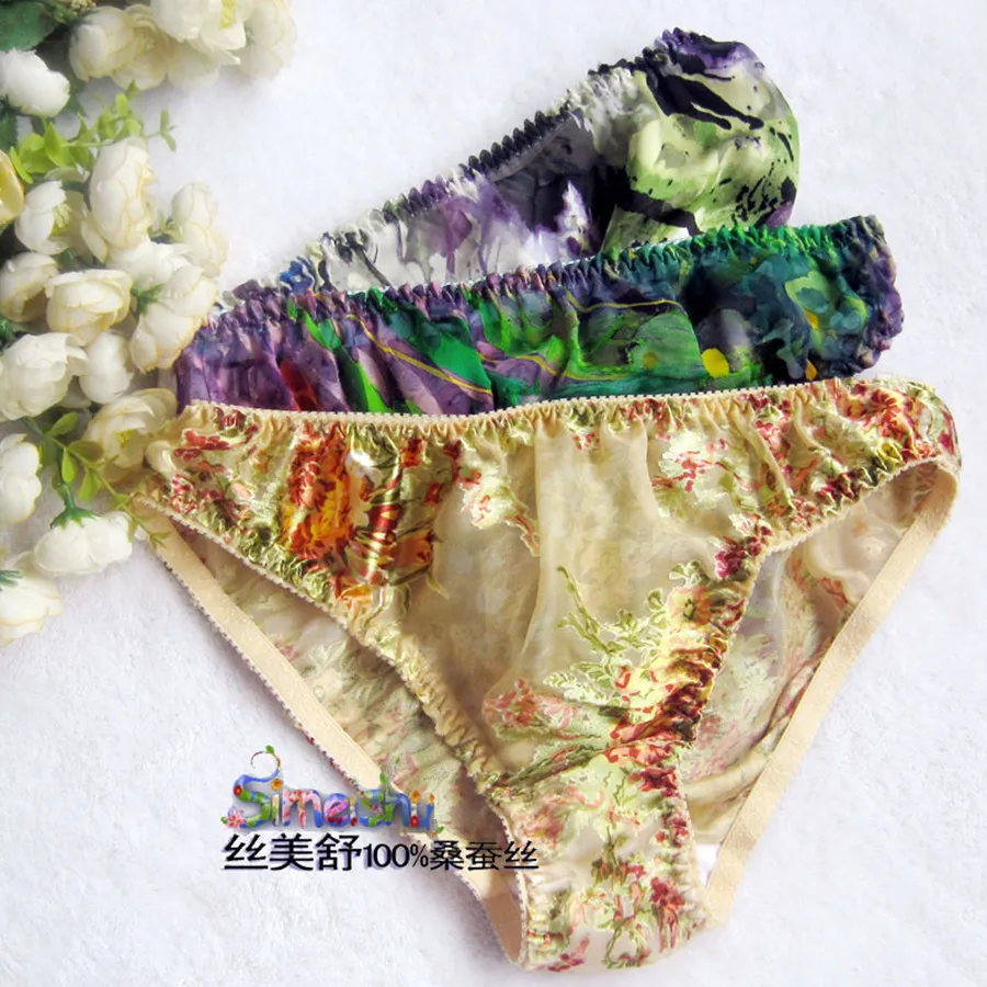 Женские прозрачные трусы из 100% шелка тутового шелкопряда с цветочным узором