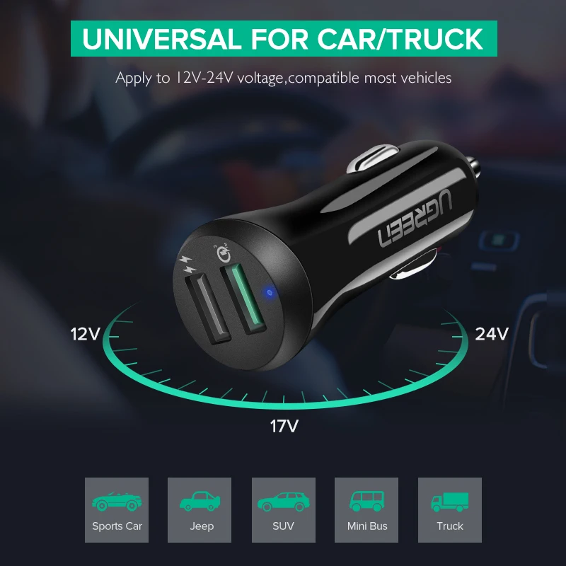 Автомобильное зарядное устройство Ugreen Quick Charge 3,0 USB быстрое зарядное устройство для Xiaomi Mi 9 iPhone X Xr 8 huawei samsung S9 S8 QC 3,0 USB Автомобильное зарядное устройство