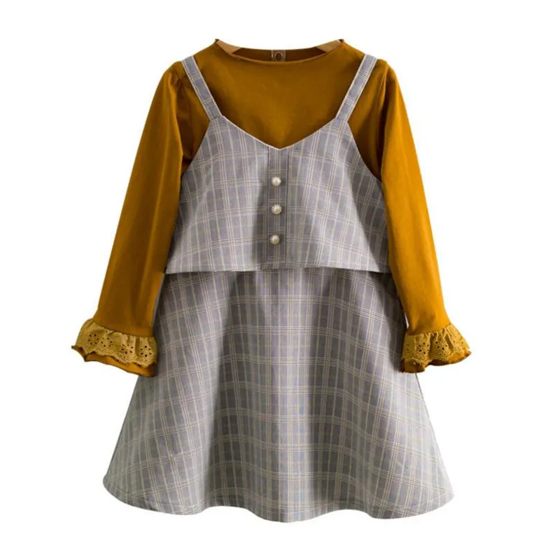 

DFXD Girls Clothing Sets 2018 Autumn High Quality Korean Baby Soild Color Long Sleeve Shirt+Plaid Sling Dress 2pc Girls Set 2-8Y