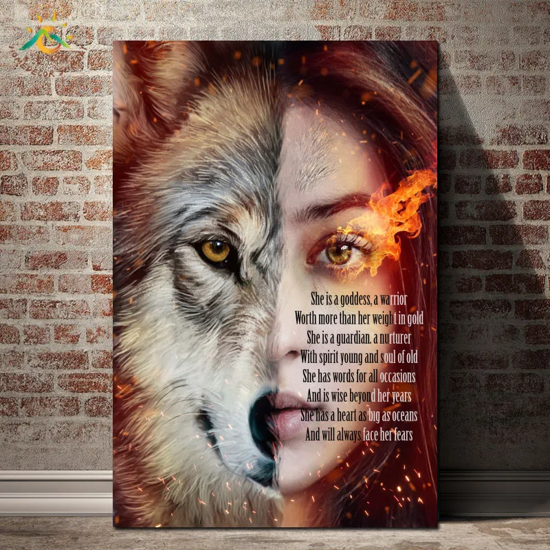

God of Wolf Woman Wall Art Canvas Framed Print Painting Vintage Posters and Prints Decorative Pictures Modern Home Decoration