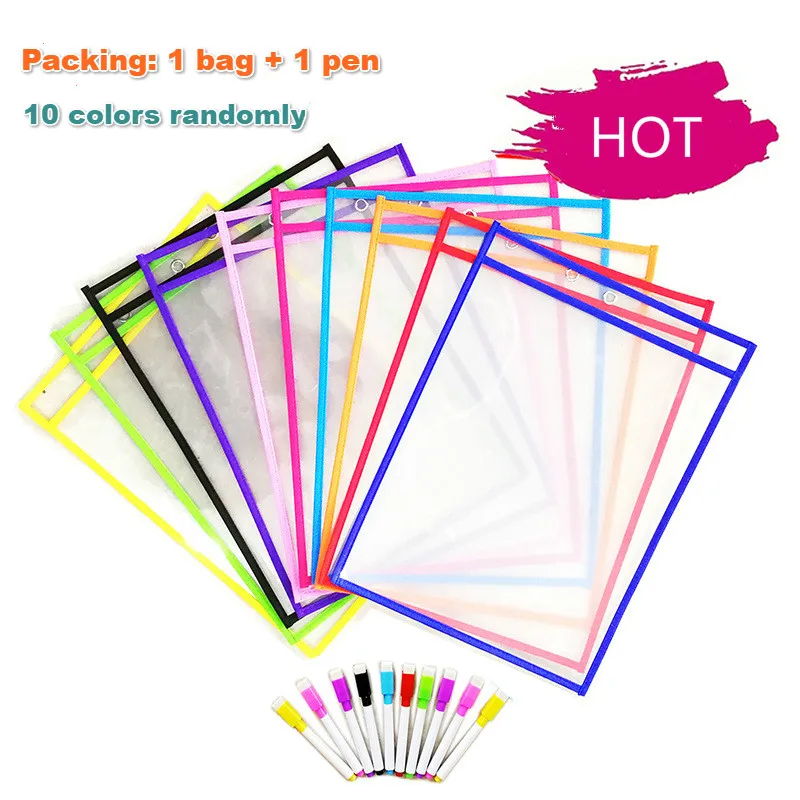 

1Lot (1Bag+1Pen) Can Be Reused With PVC Transparent Dry Brush Bag PET Writing Dry Wipe Bag Drawing Toy For Children Adult