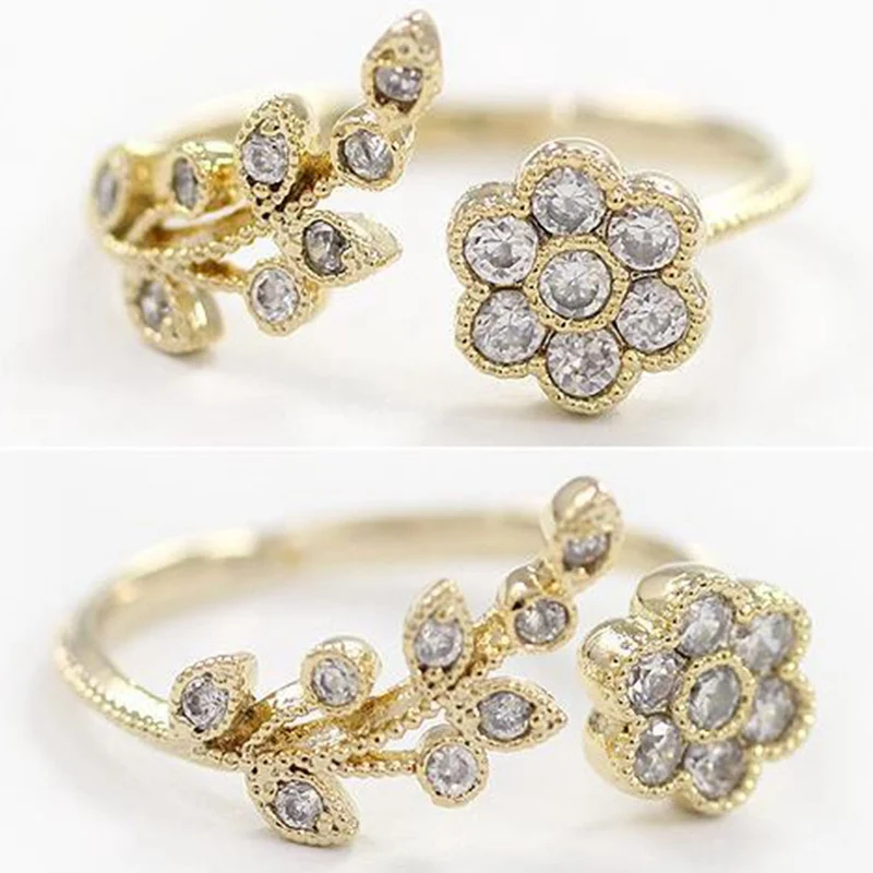 Korean Twisted Leaves Flower Rhinestone Open Ring Gold Silver Color Finger For Women Statement Adjustable Wholesale | Украшения и