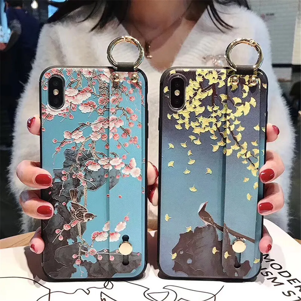 Kuutti Squishy Vintage Chinese Painting 3D Flower Women Girl Phone Cases with Wrist Band Covers for iPhone 6 6s 7 8 Plus X |