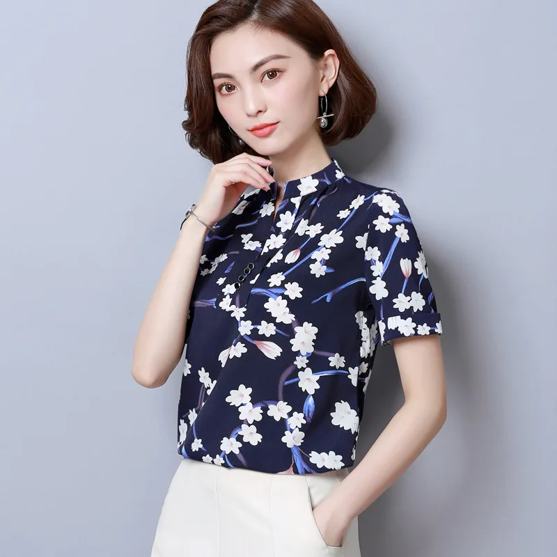Summer Short Sleeve Chiffon Shirt Women Temperament Loose Plus Size Top Bottom Shirts Office Lady Printed V Collar Blouse H9130
