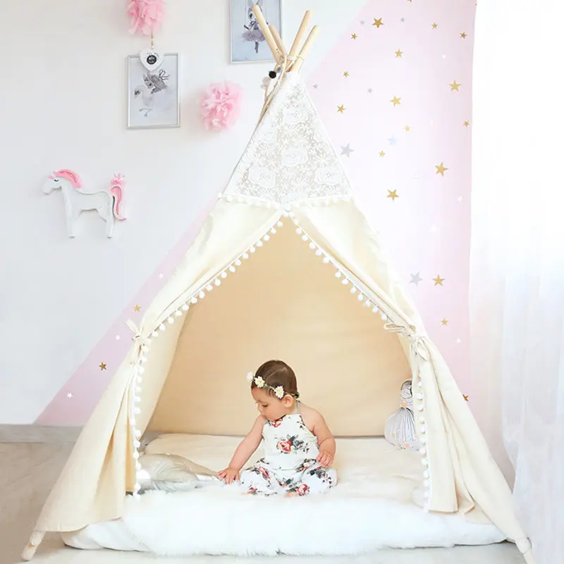 Кружевной тент Tipi для детей, хлопковый вигвам для детей, Игровой Домик принцессы с замком, складная палатка для детей, внутренний уголок для чтения