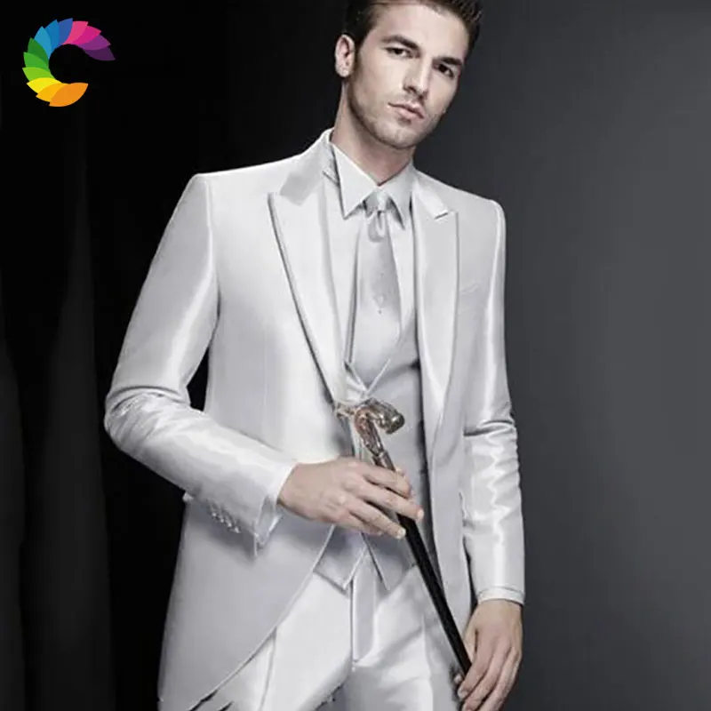 

Shinny Silver Men Wedding Suits Custom Made Man Blazers Jacket 3Piece Man Suits Pants Vest Slim Fit Groom Tuxedo Business Ternos