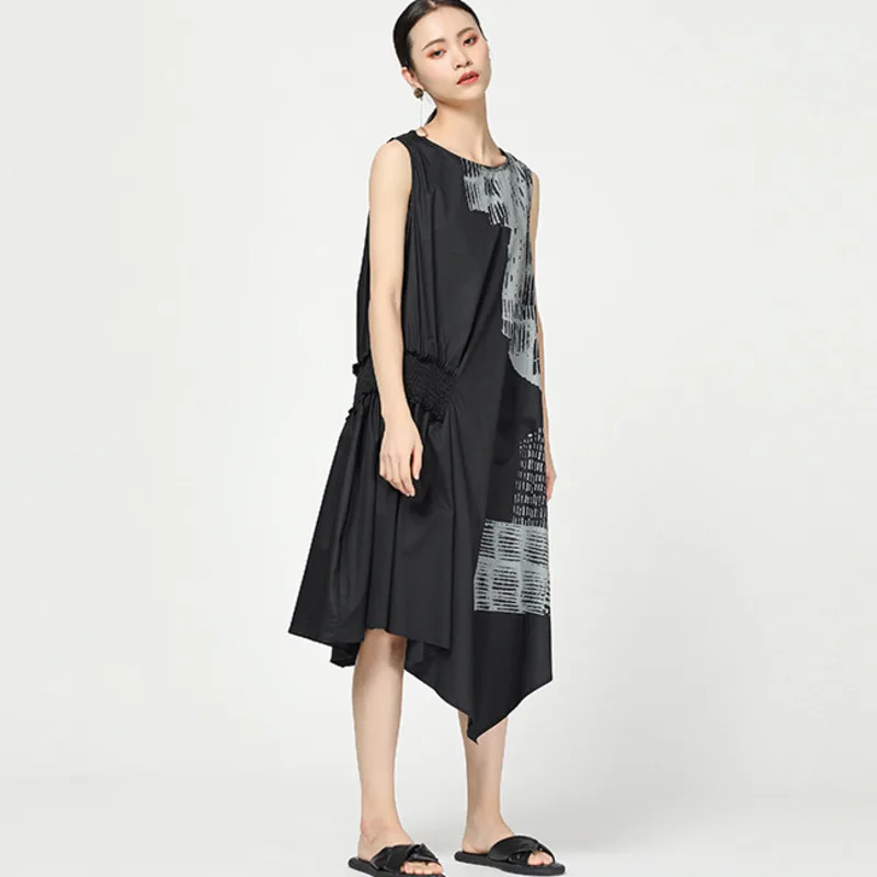 LANMREM 2020 New Summer Fashion Women Clothes Round Neck Sleeveless Printed Inks Asymmetrical Cotton Dress WG90001 vintage | Женская