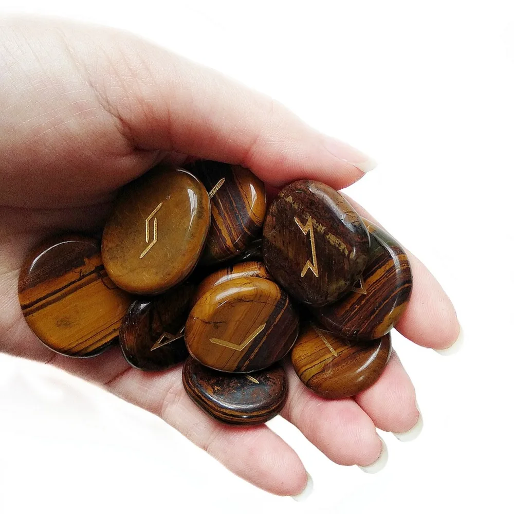 25 шт. Природный Тигровый глаз ладони камень Викинг руны камни комплект резные