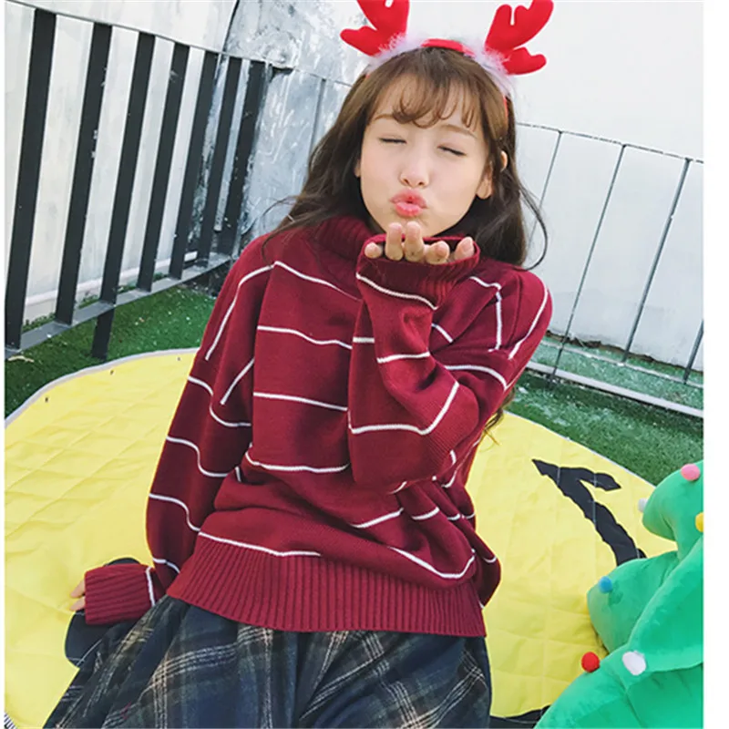 Yuzhenli 2018 Autumn Women Casual Pullovers Sweaters Knitted Sweater Winter Loose Warm Striped Turtleneck | Женская одежда