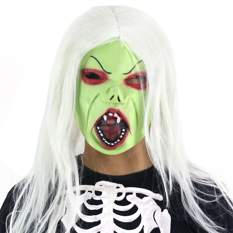 Белая колдунья зеленая латексная маска ужаса Хэллоуин скелет лицо рукав платье
