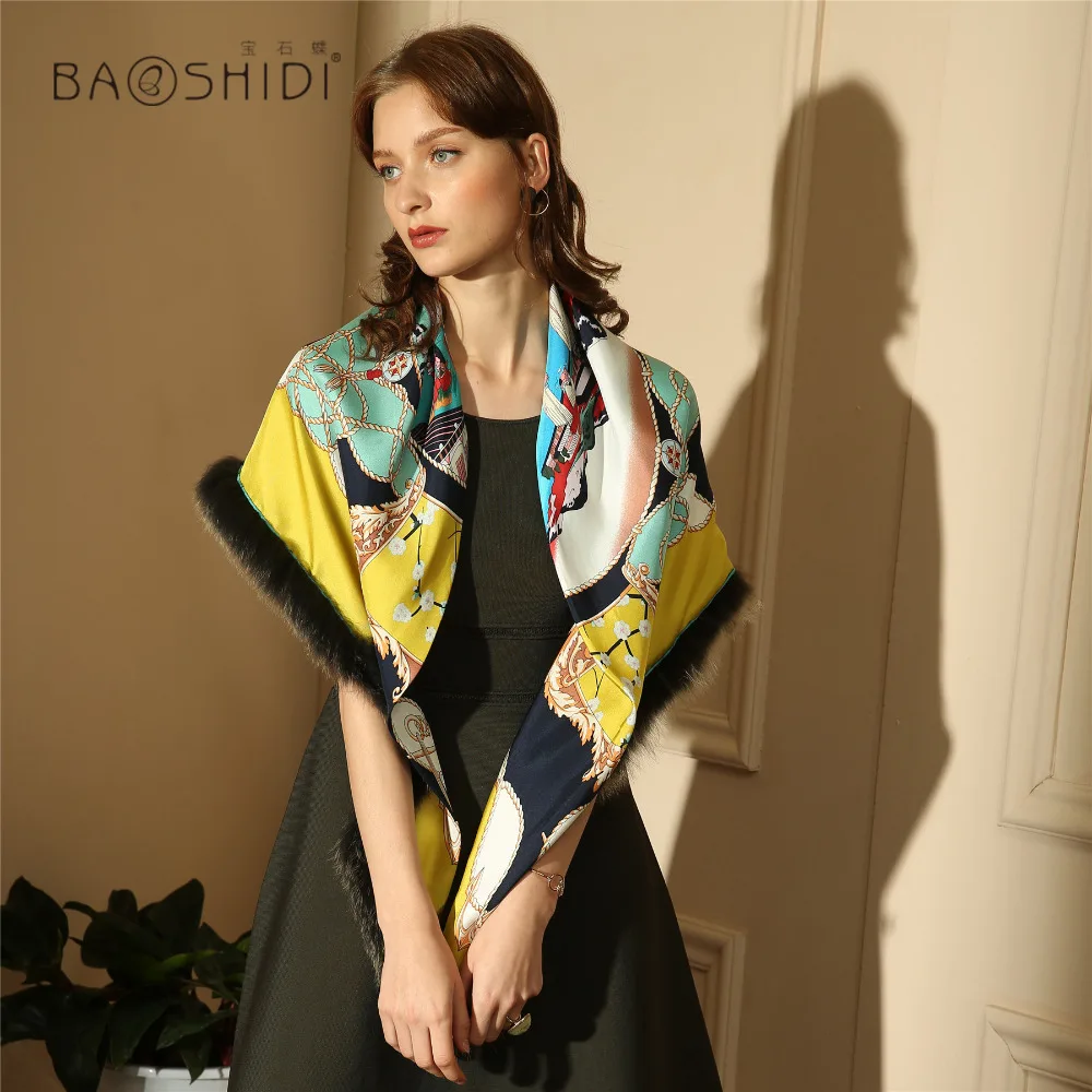 Manual made edge decorated with luxury tassel fur original design 100% silk twill women scarf Triangle lady holiday | Аксессуары для