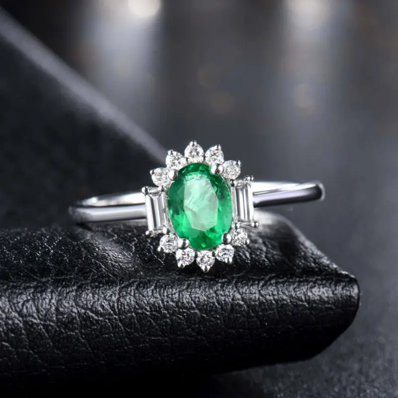 LOVERJEWELRY, 0.88Ct, изумруд, классическое кольцо, ювелирные изделия с бриллиантами, Ретро стиль, овальный, 5x7 мм, изумрудная огранка, кольца, одноцветное, 14 к, белое золото, Женское кольцо