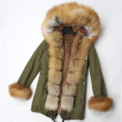green coat red fox OFTBUY пальто с натуральным мехом, зимняя куртка, Женское пальто, Воротник из натурального Лисьего меха, свободная длинная парка, уличная одежда, новая корейская мода - Цвет: green coat red fox