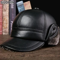siloqin genuine leather hat plus velvet thicken cowhide baseball caps for men snapback mens cap winter warm earmuffs dad hats