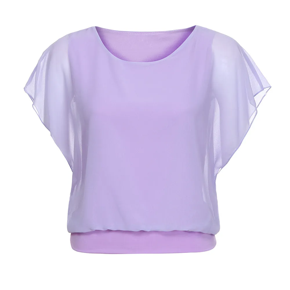 Фиолетовый Женская блузка больших размеров, Blusas elegantes de mujer, однотонные повседневные свободные Модные топы из тонкой плотной ткани с круглым вырезом и короткими рукавами «летучая мышь», L* 5 - Цвет: Фиолетовый