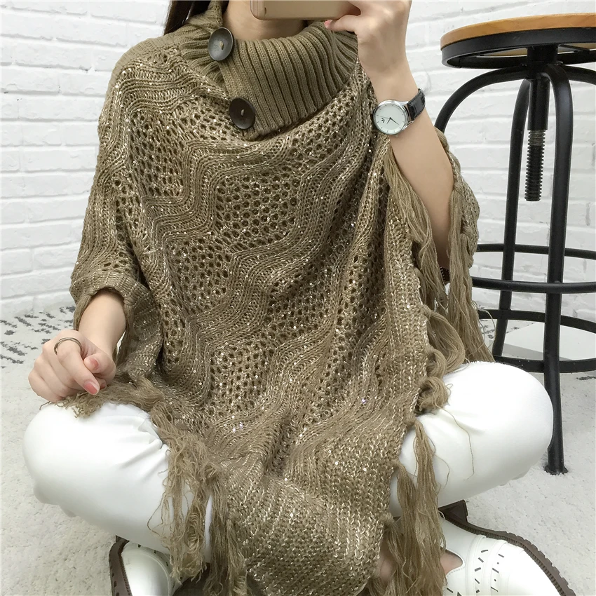 Модное Длинное пончо в клетку из пашмины шарф с высоким воротом полосатый свитер