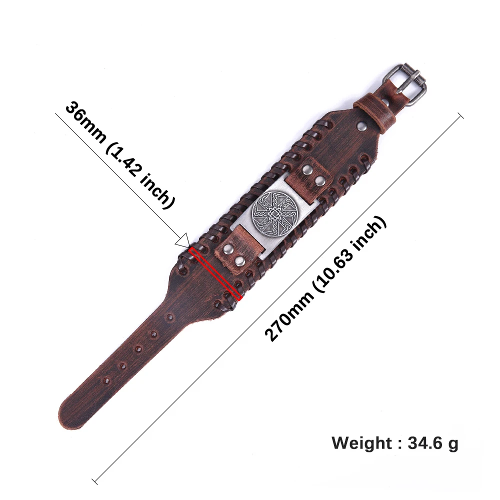 Teamer Slavic Brown Leather Bracelets for Men Star Anise Closed Round Charm Amulet Wide Braid Bracelet Vintage Viking Jewelry|Браслеты с