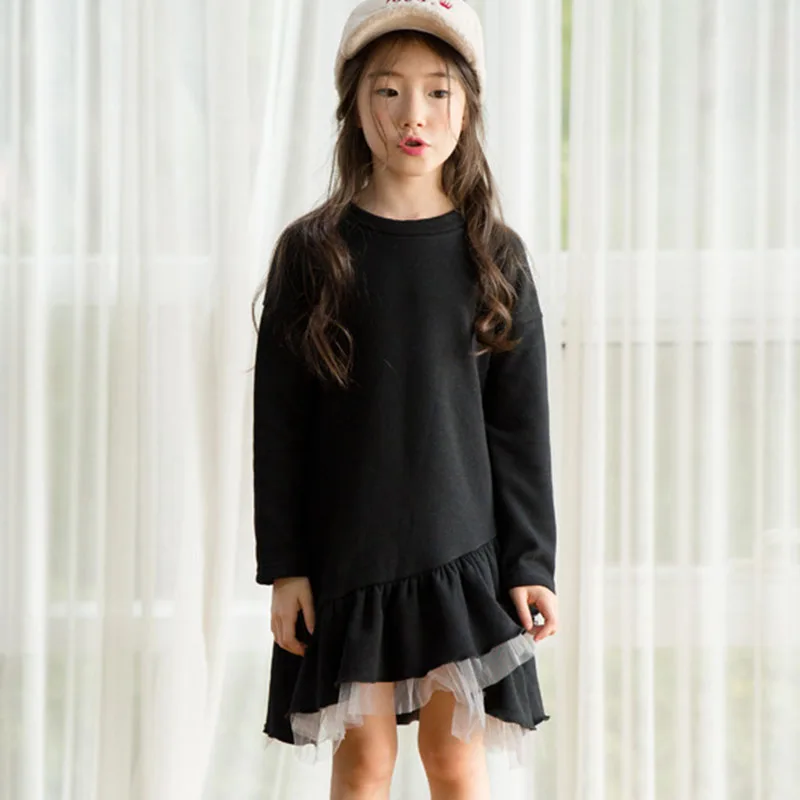 new 2018 mesh patchwork teenage girls long sleeve dresses for kids autumn winter black ruffles sweatshirt dress children clothes | Детская