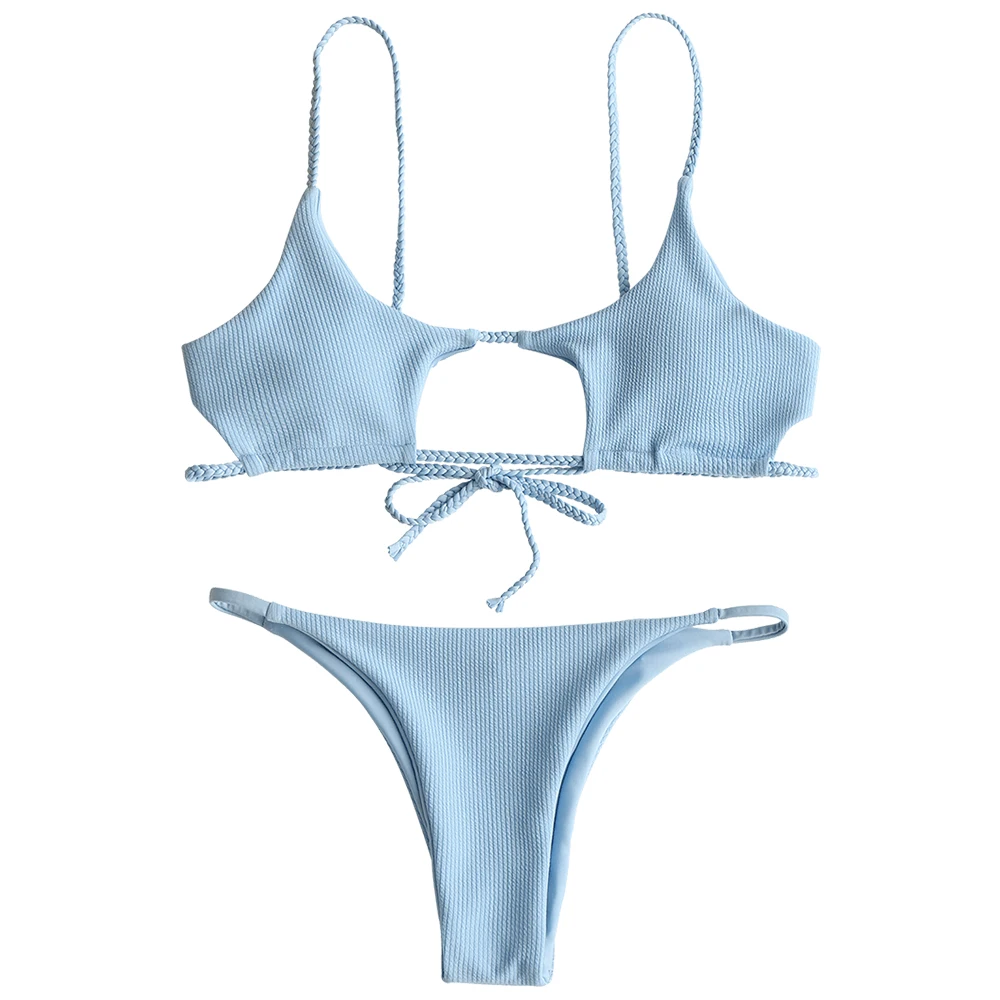 Light Blue ZAFUL Бикини Плетеный Ребристый Вырез Бикини Набор Тонкие Ремни С Низкой Талией Твердый Купальник Женщины Купальники Сексуальный Купальный Костюм - Цвет: Light Blue