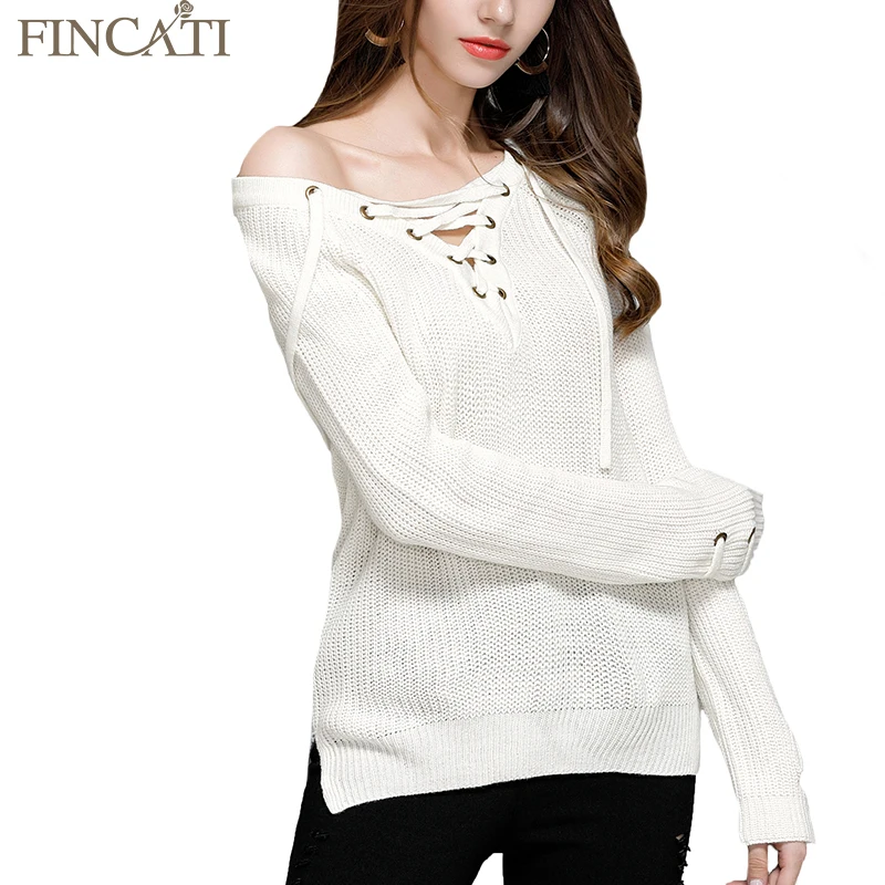 Women Autumn Pullover Fincati 2017 Sexy Lace Up V-Neck Long Sleeves New Solid Color Irregular Split Hem Winter Tops Femme | Женская