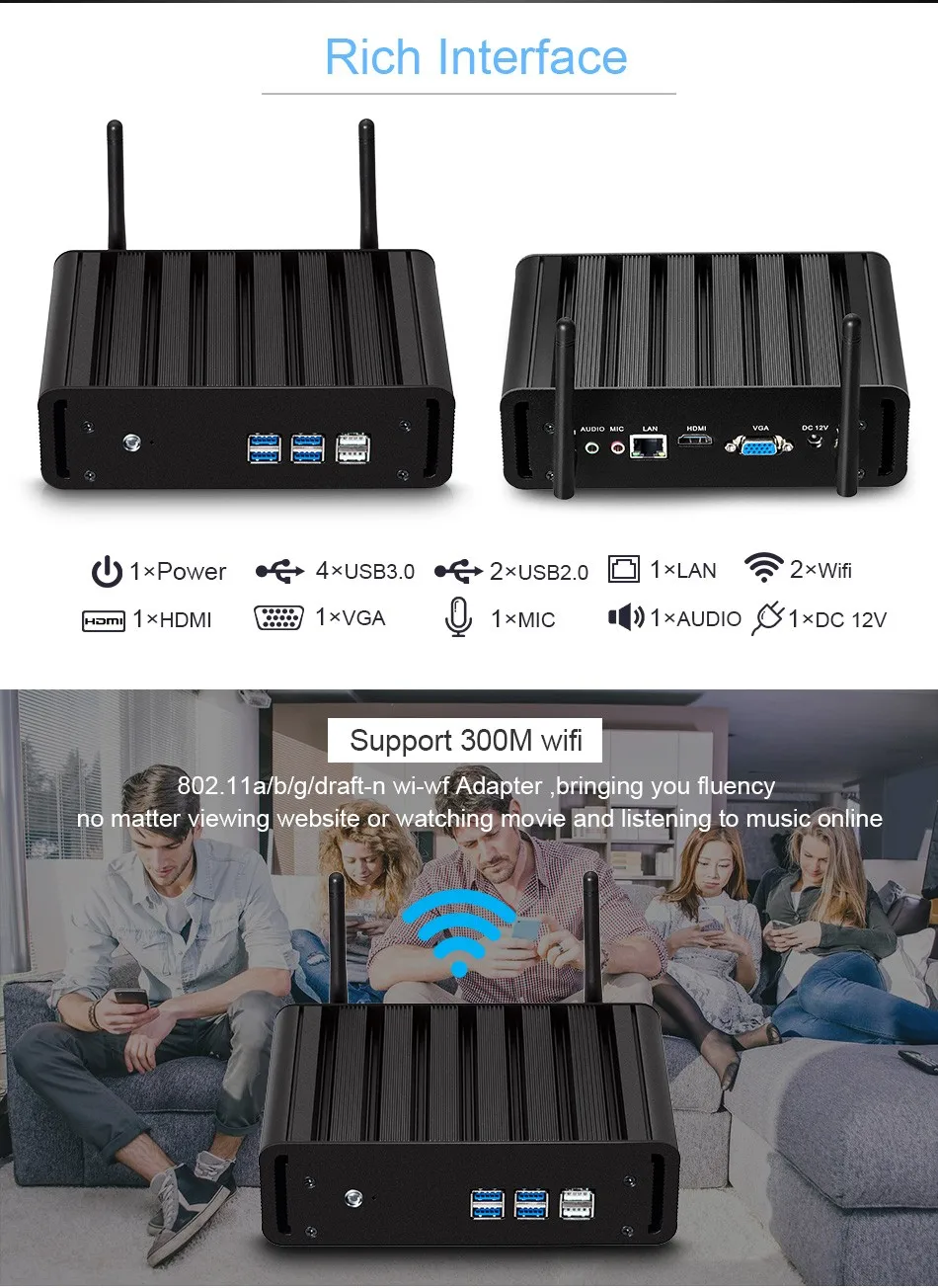 OLOEY Мини ПК Intel Core i7-7500U Windows 10 8GB DDR3L 240GB SSD 300Mbps WiFi Gigabit Ethernet 4K UHD HDMI VGA 6* USB