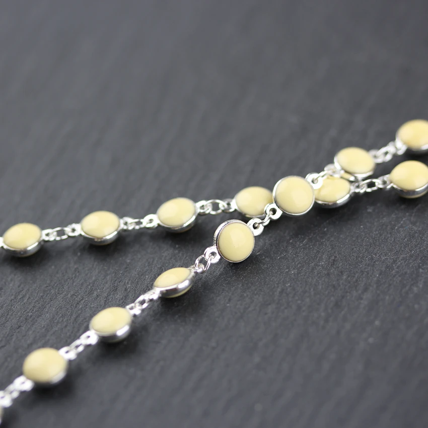 

6mm,Light Yellow Lampwork Glass Flat Round Coin Shape Beads,Wire Wrapped Silver Plated Links Chains Making,5Meters