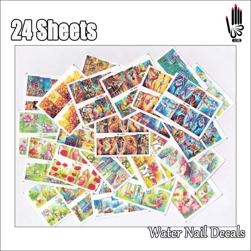 Для ногтей 24 листа/уп наклейки для партии смешанные дизайна полное покрытие