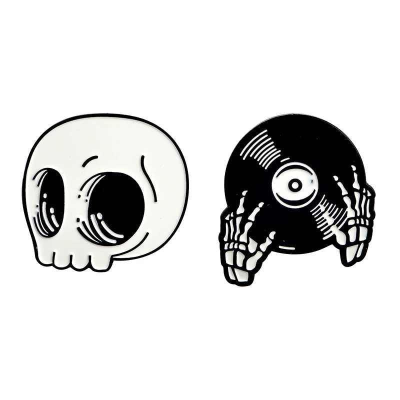 Set Хэллоуин панк мультфильм белый череп черный скелет запись руки DJ булавка джинсовая рубашка воротник нагрудные булавки Пряжка значки Goth Brooc - Окраска металла: Set