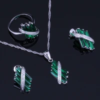 dazzling green cubic zirconia white cz silver plated jewelry sets earrings pendant chain ring v0971