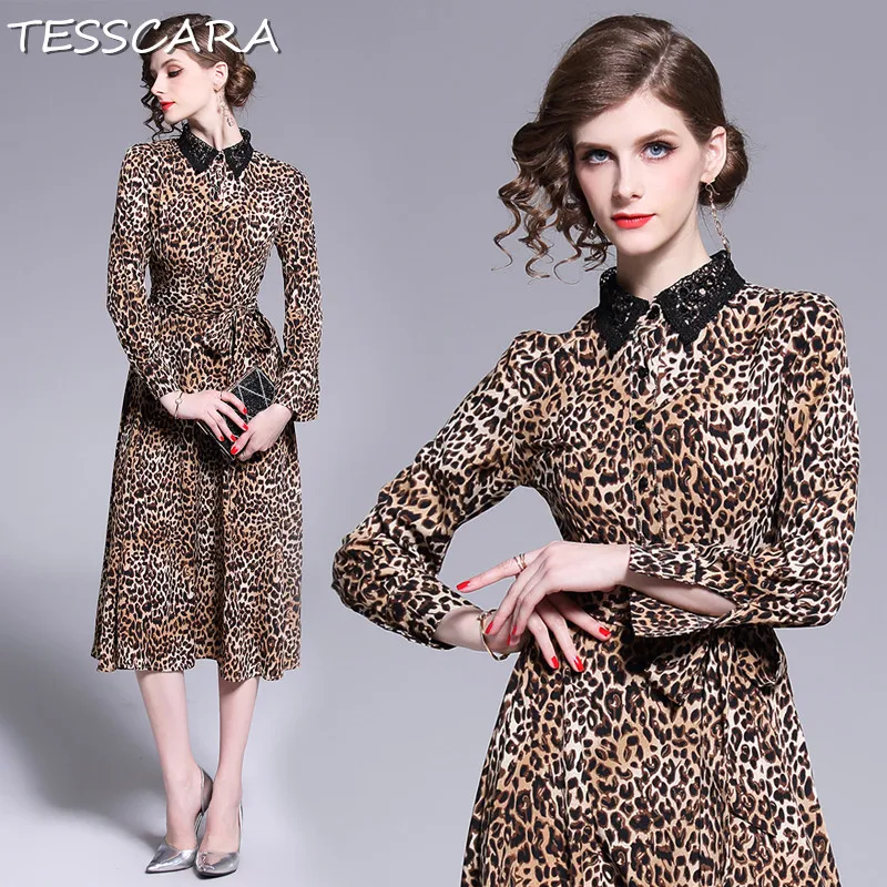 Женское платье с леопардовым принтом TESSCARA элегантное винтажное высокого