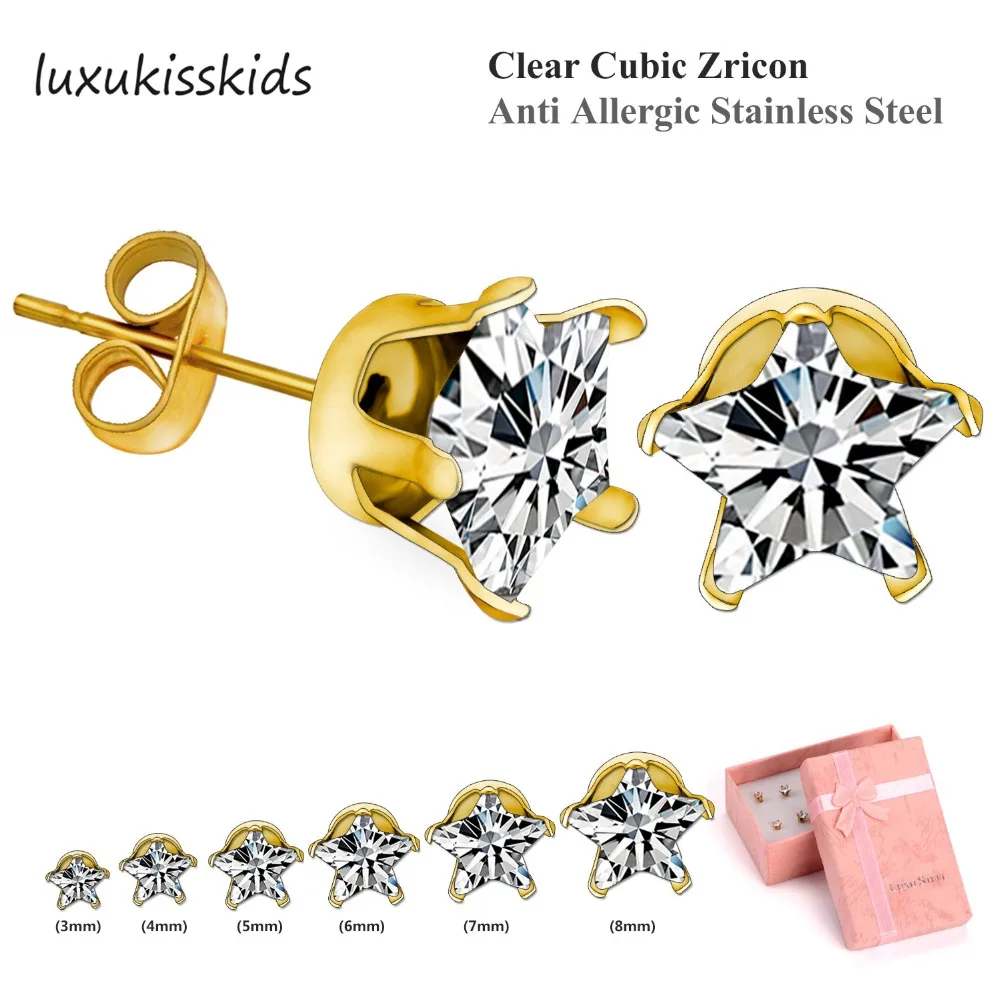 LUXUKISSKIDS ювелирные изделия звезда Циркон серьги гвоздики для женщин золото/сталь 6