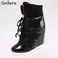 sorbern black oil pu women boots ankle high lace up us size 15 wedge heeled boots women black shoes for women footwear