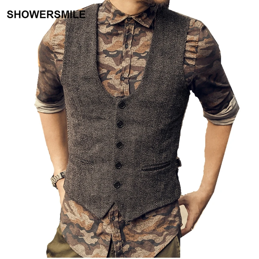 SHOWERSMILE, темно-серый костюм, жилет, мужской шерстяной твидовый осенний винтажный приталенный полосатый жилет, английский стиль, куртка без рукавов, жилет