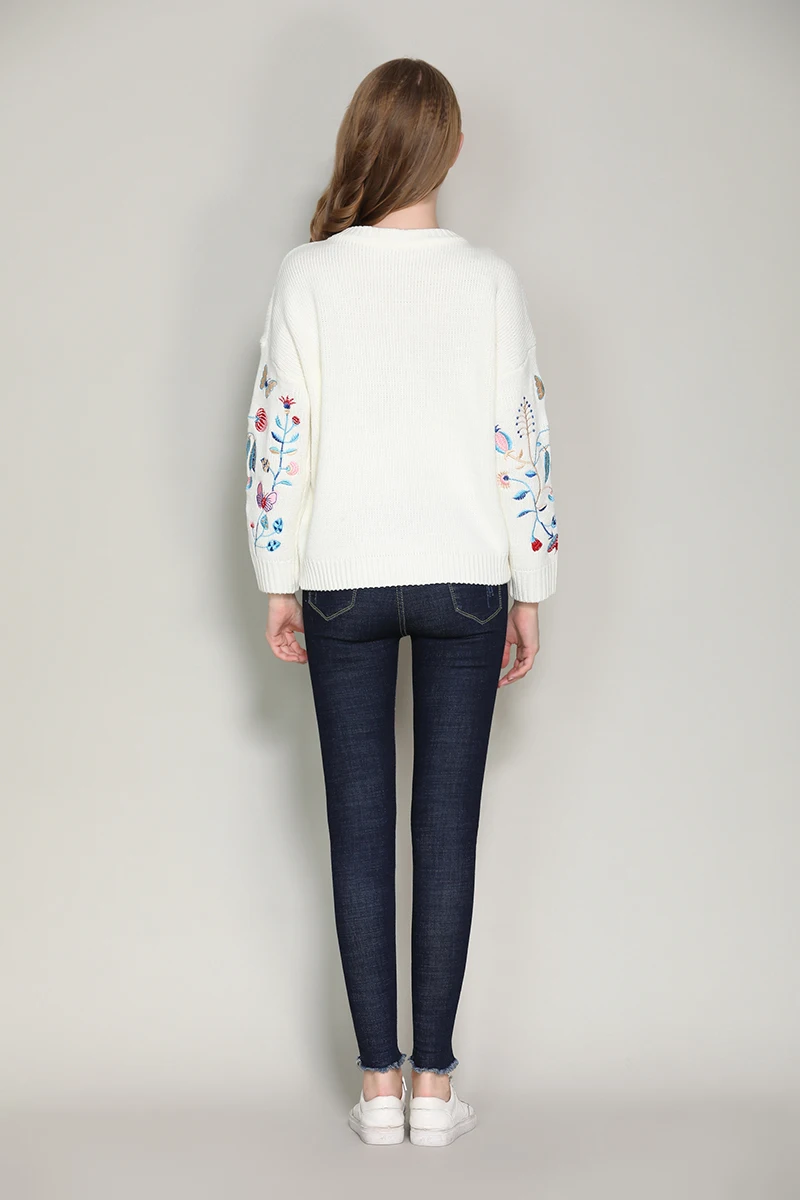 Женский свободный вязаный свитер с вышивкой теплый толстый пуловер длинным