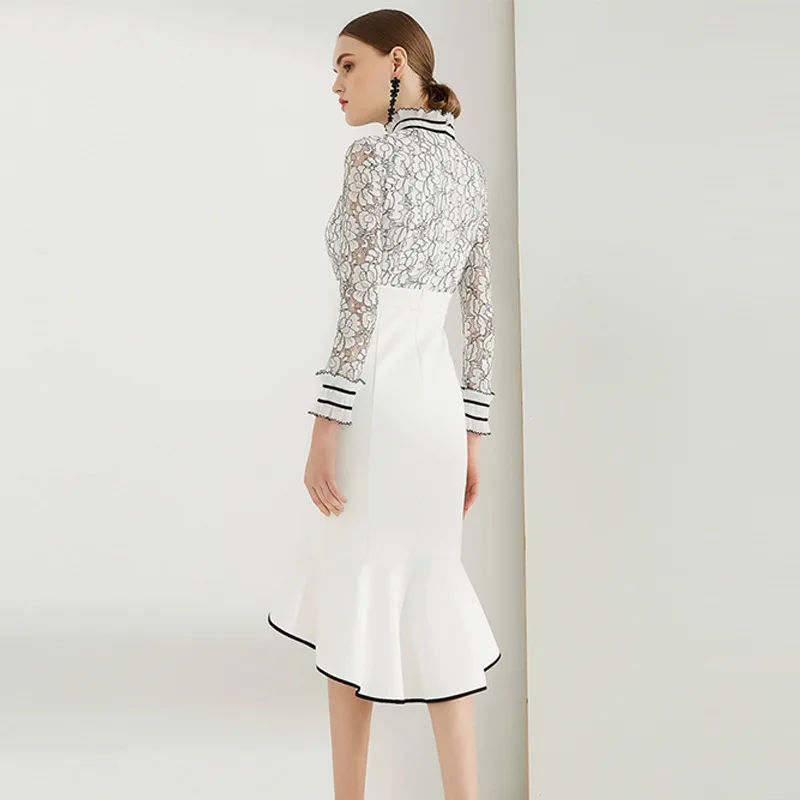 WREEIMA 2018 Spring Summer Women's Fashion Slim Lace Patchwork Long Sleeve Elegant Dress Ladies Hollow Out Sashes MN703 | Женская