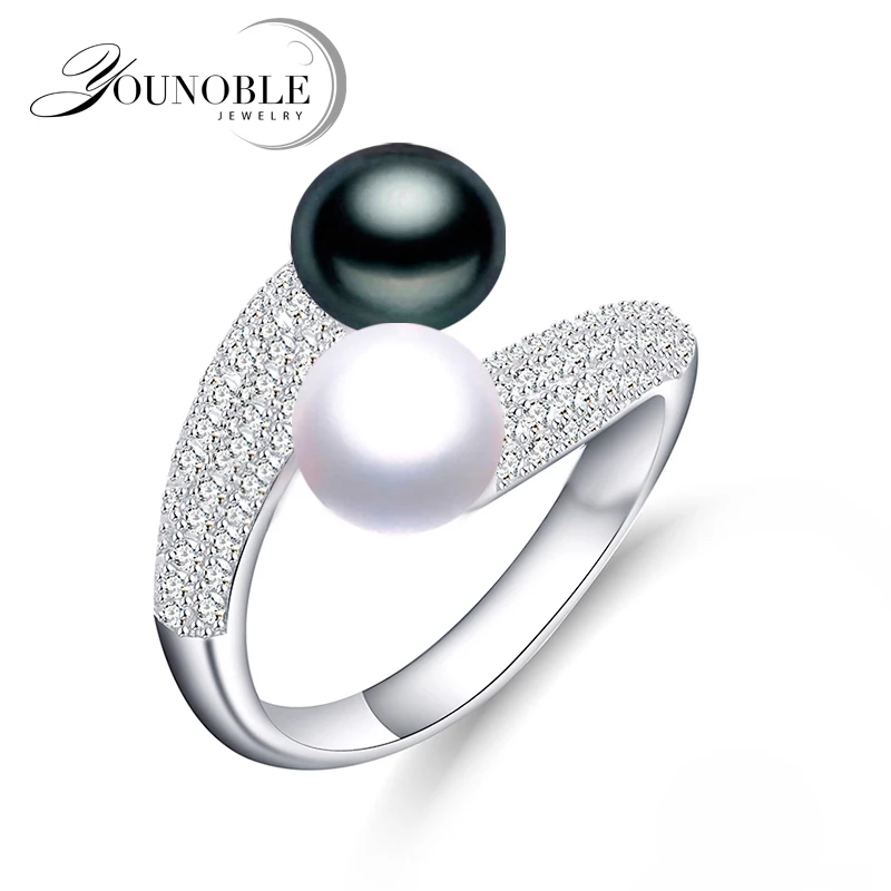 White black Настоящее 925 пробы Серебряное кольцо с двойным жемчугом для женщин, подарок для дочери, свадебное кольцо с черным жемчугом - Цвет камня: White black